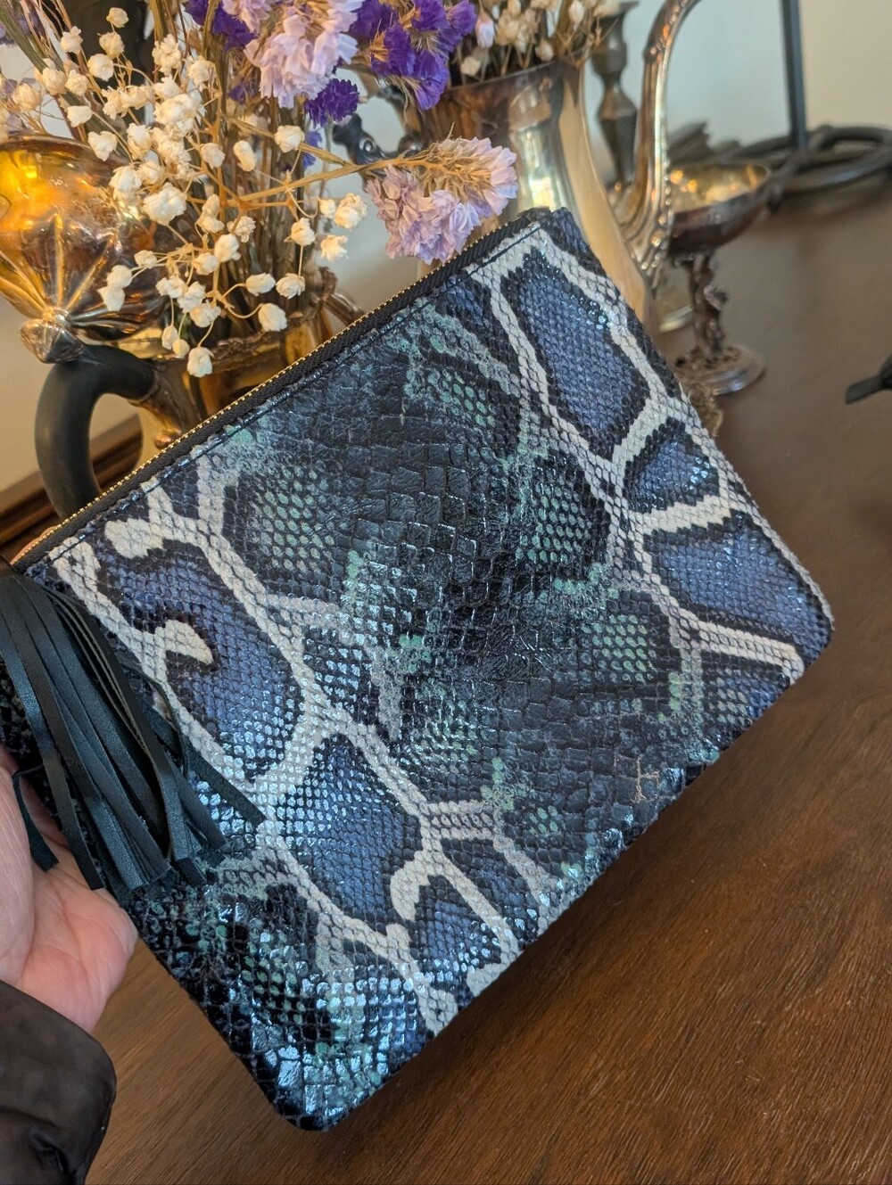 Post Snake SkinZip Clutch in Teal and Black - Picture 2 of 7